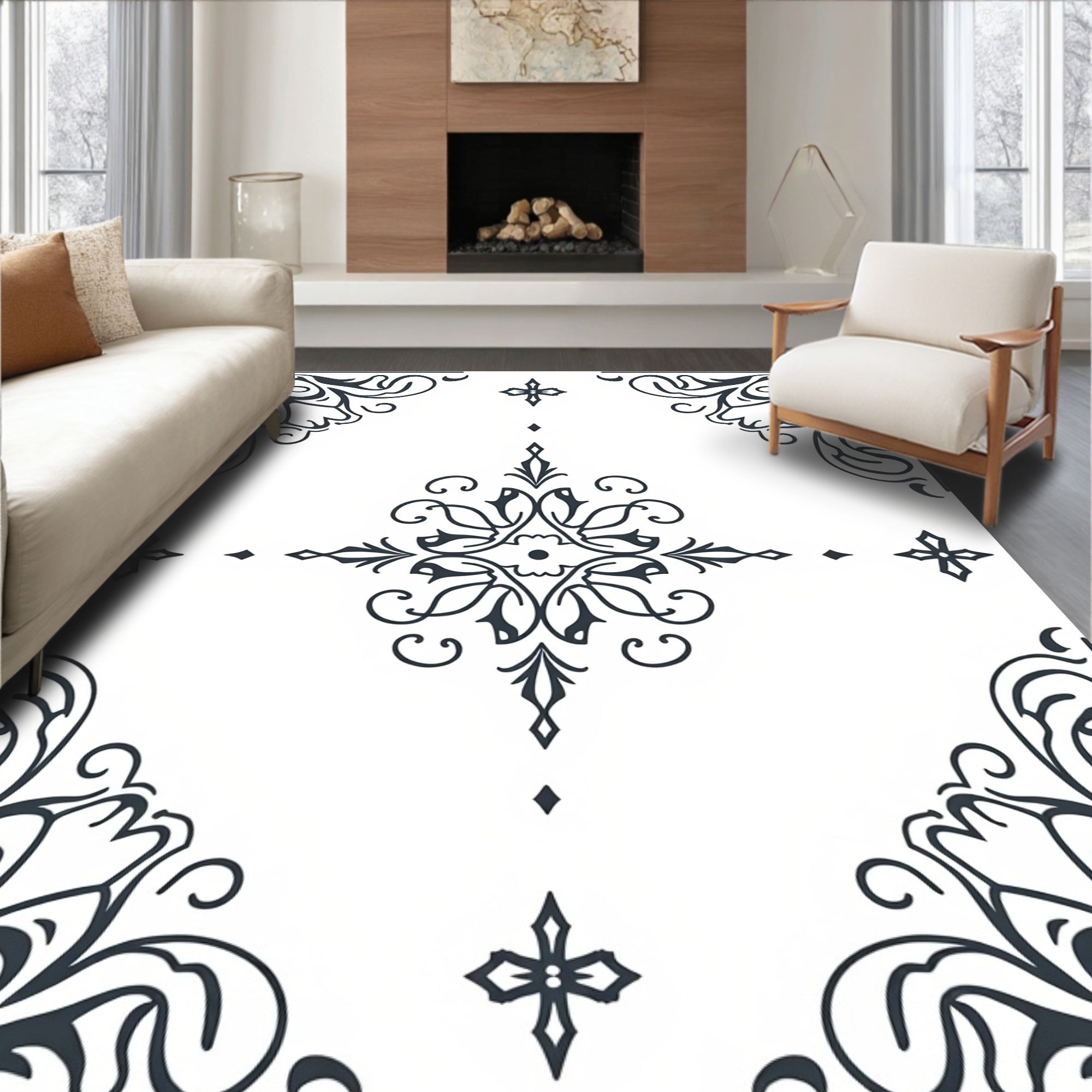 Ornate Scroll and Floral Corner Design Rug