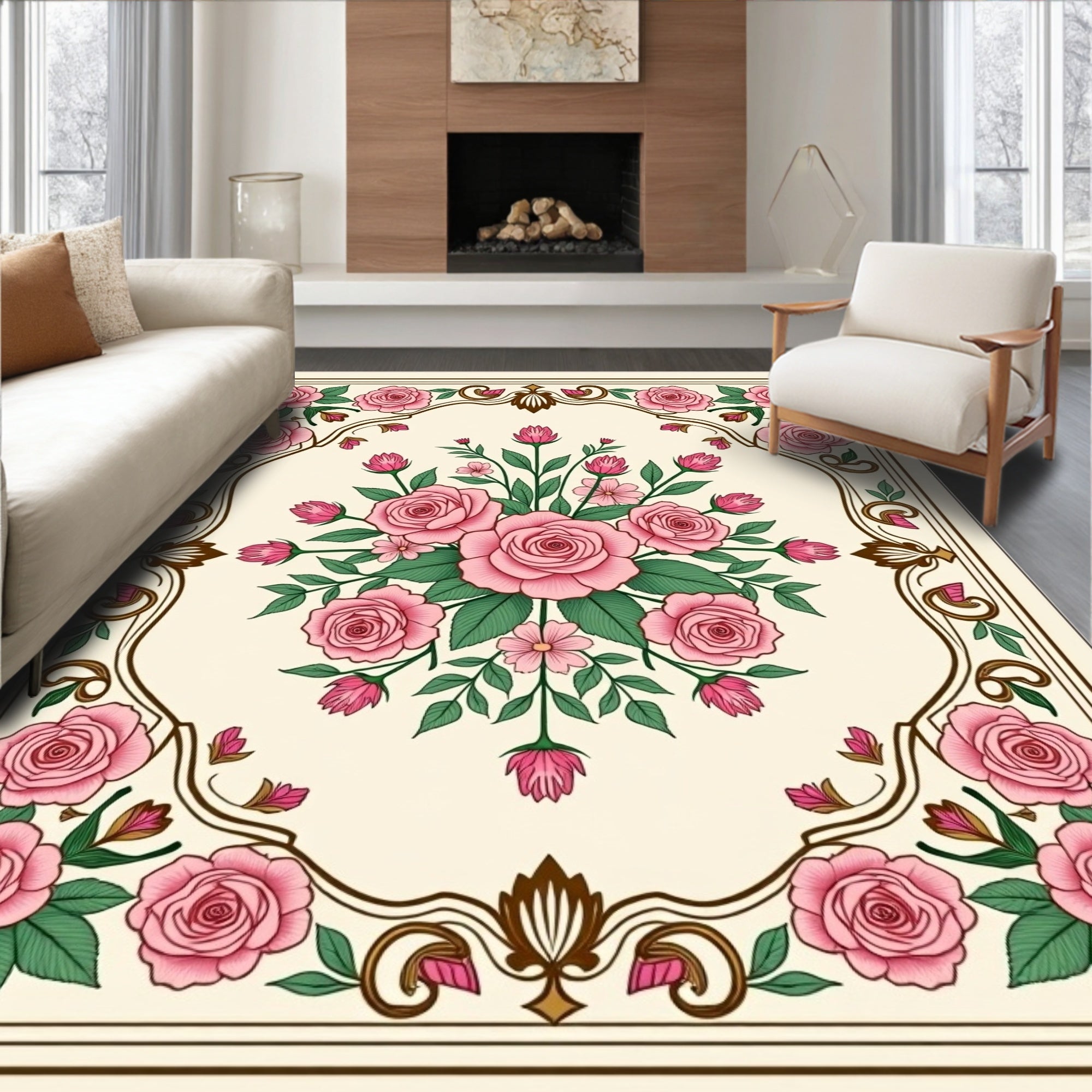 Pink Rose Floral Motif Rug