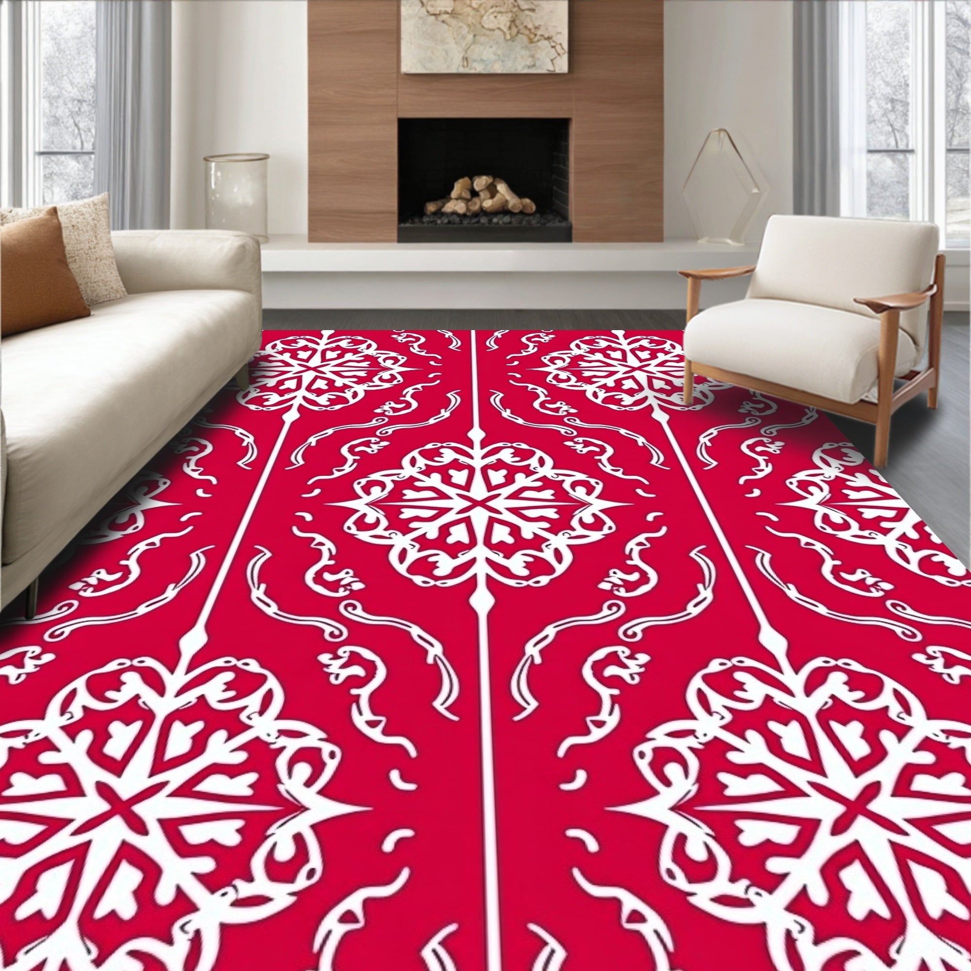 Red White Intricate Floral Pattern Rug