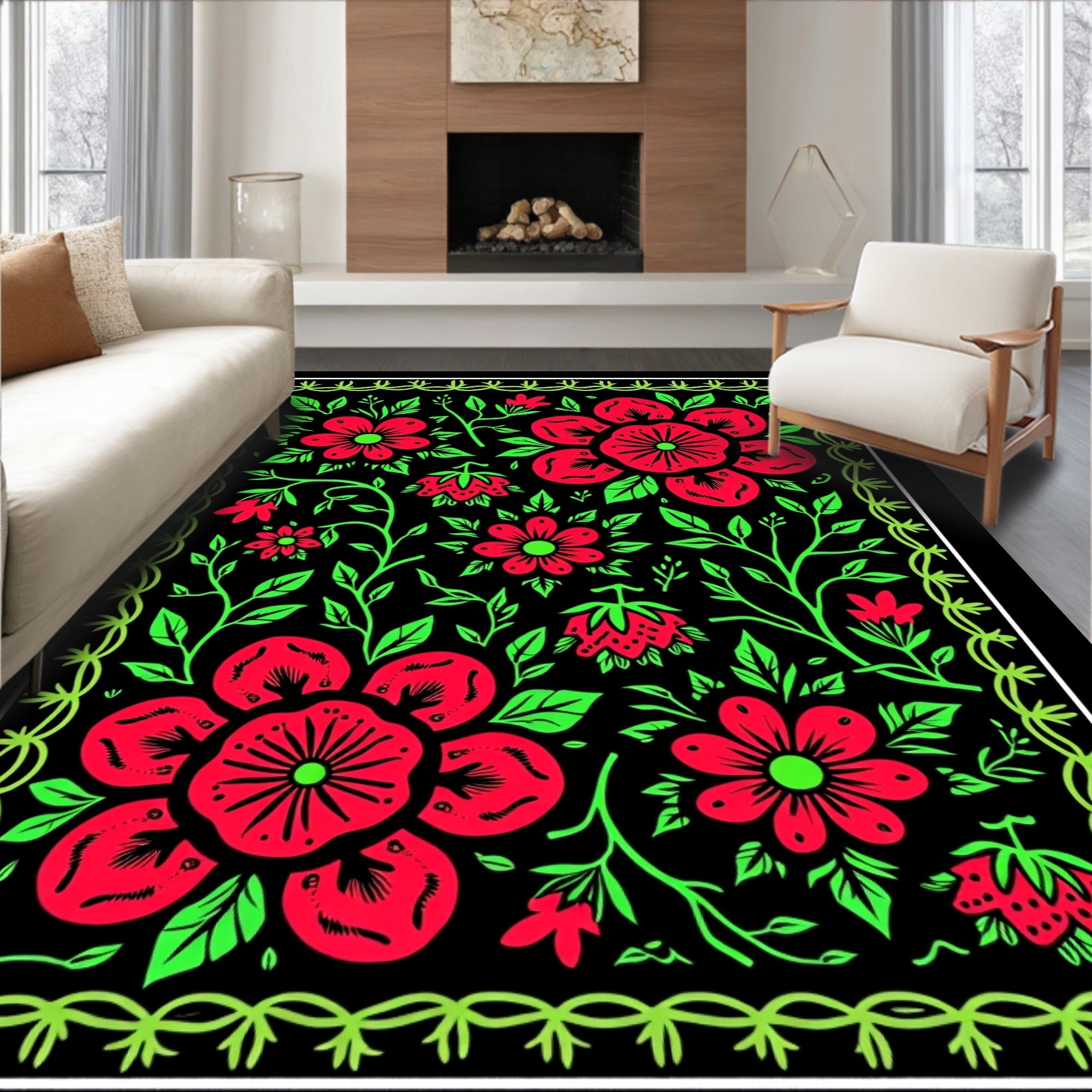 Bold Floral Pattern With Vivid Greens Rug