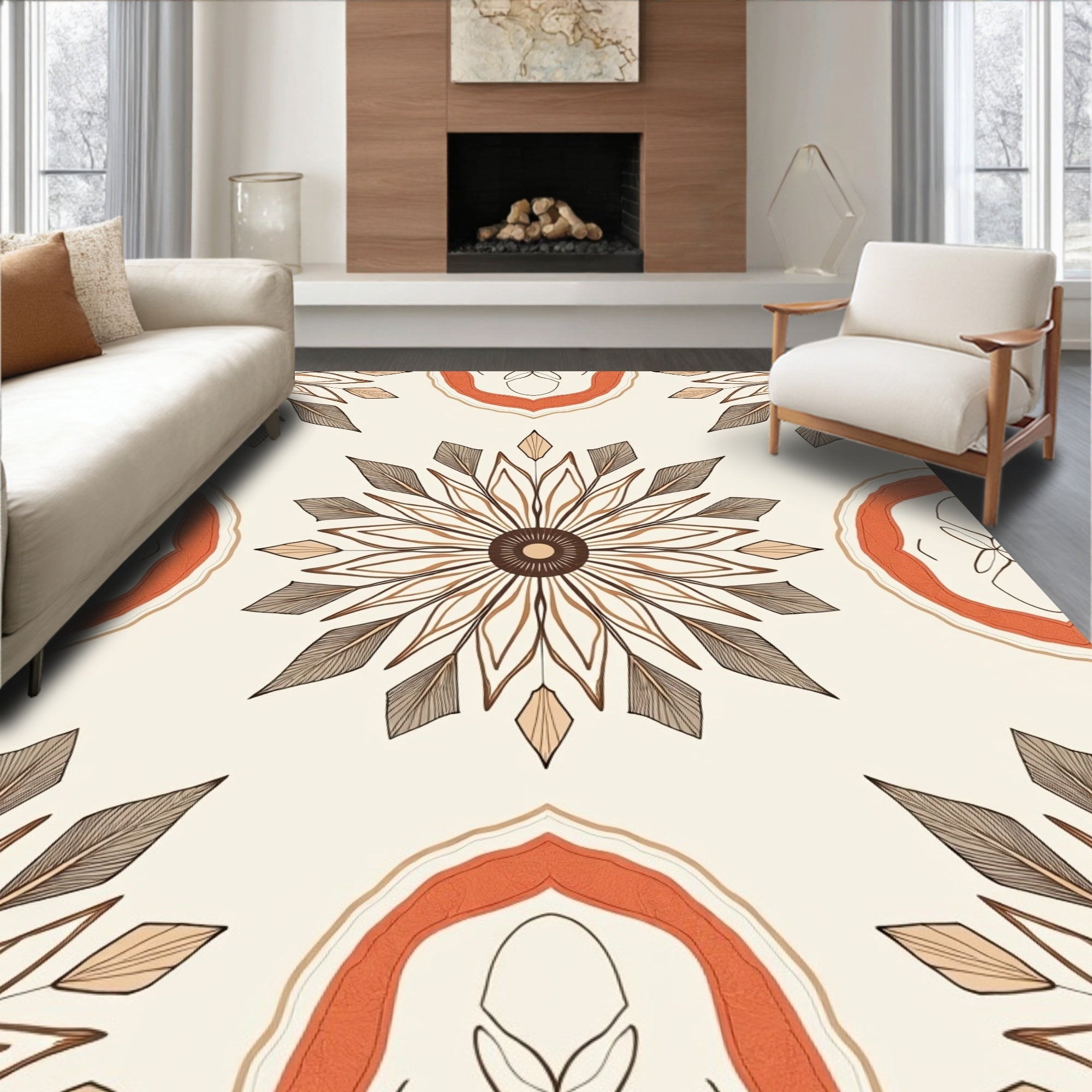 Orange Brown Boho Floral Medallion Rug