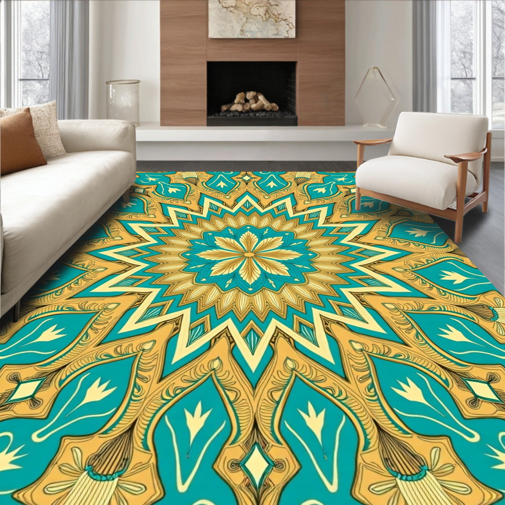 Mandala Style Teal And Gold Pattern Rug