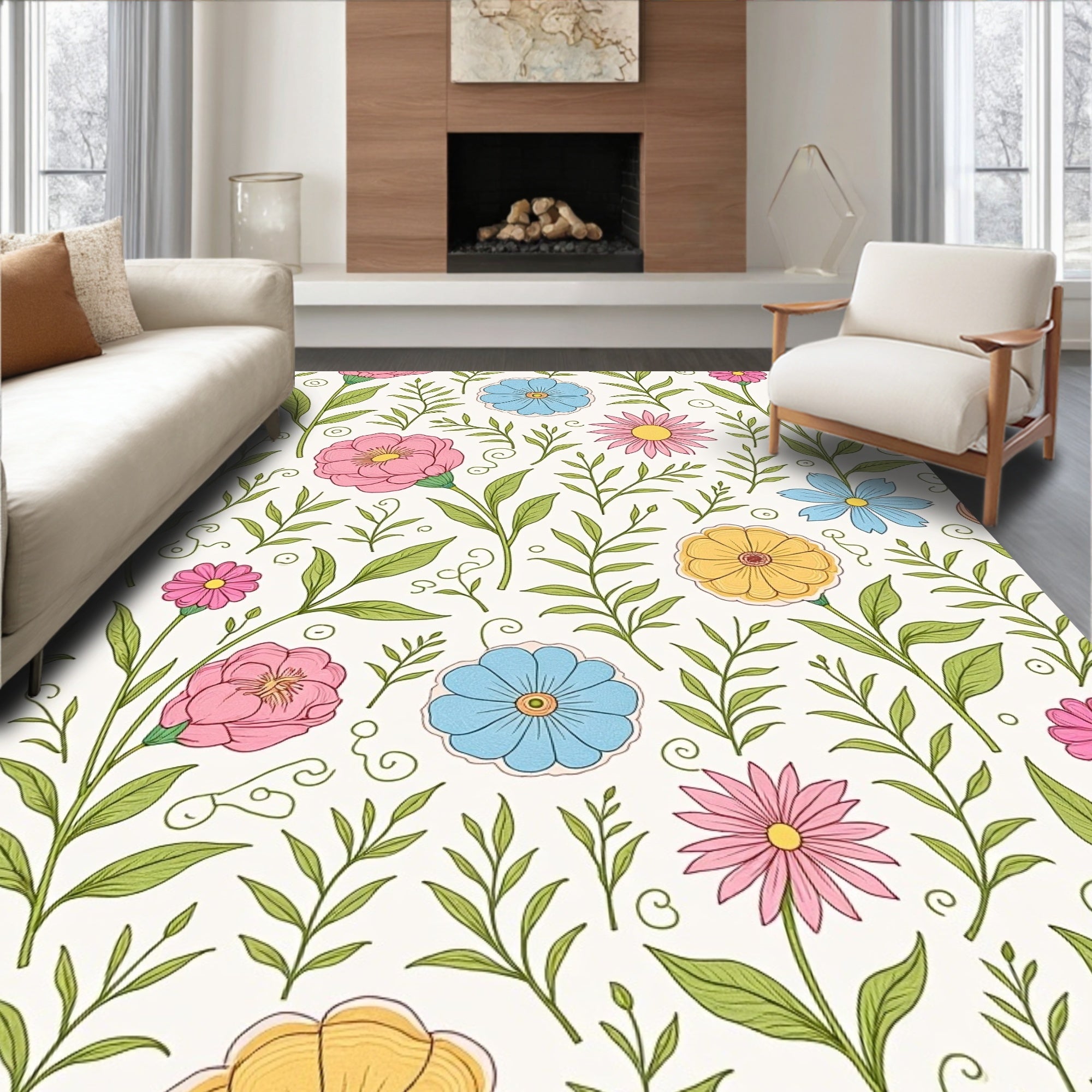 Whimsical Blooming Garden Floral Pattern Rug