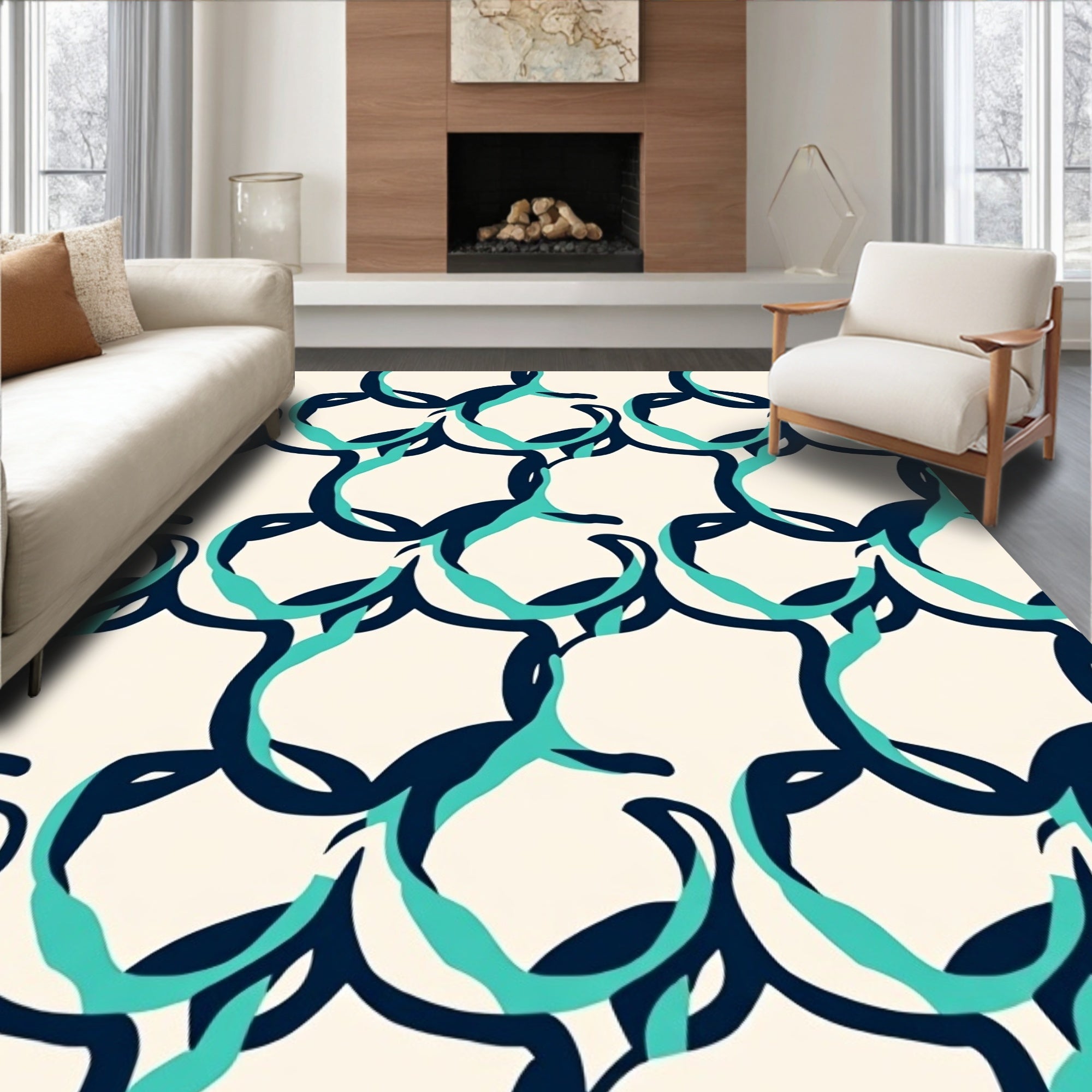 Abstract Teal Navy Link Pattern Rug