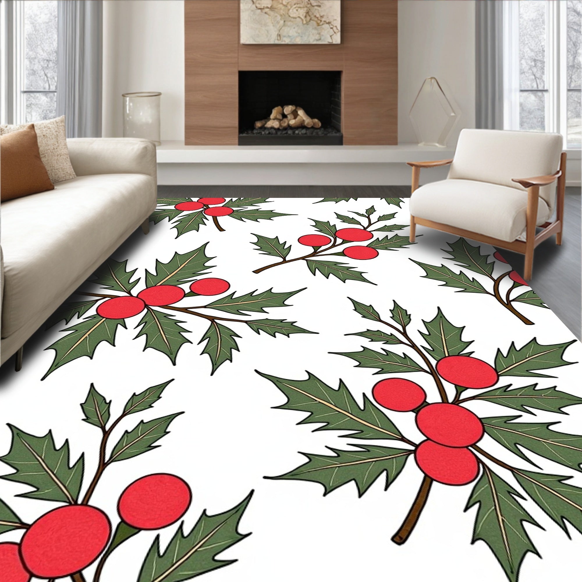 Red Berry Leafy Holiday Pattern Rug
