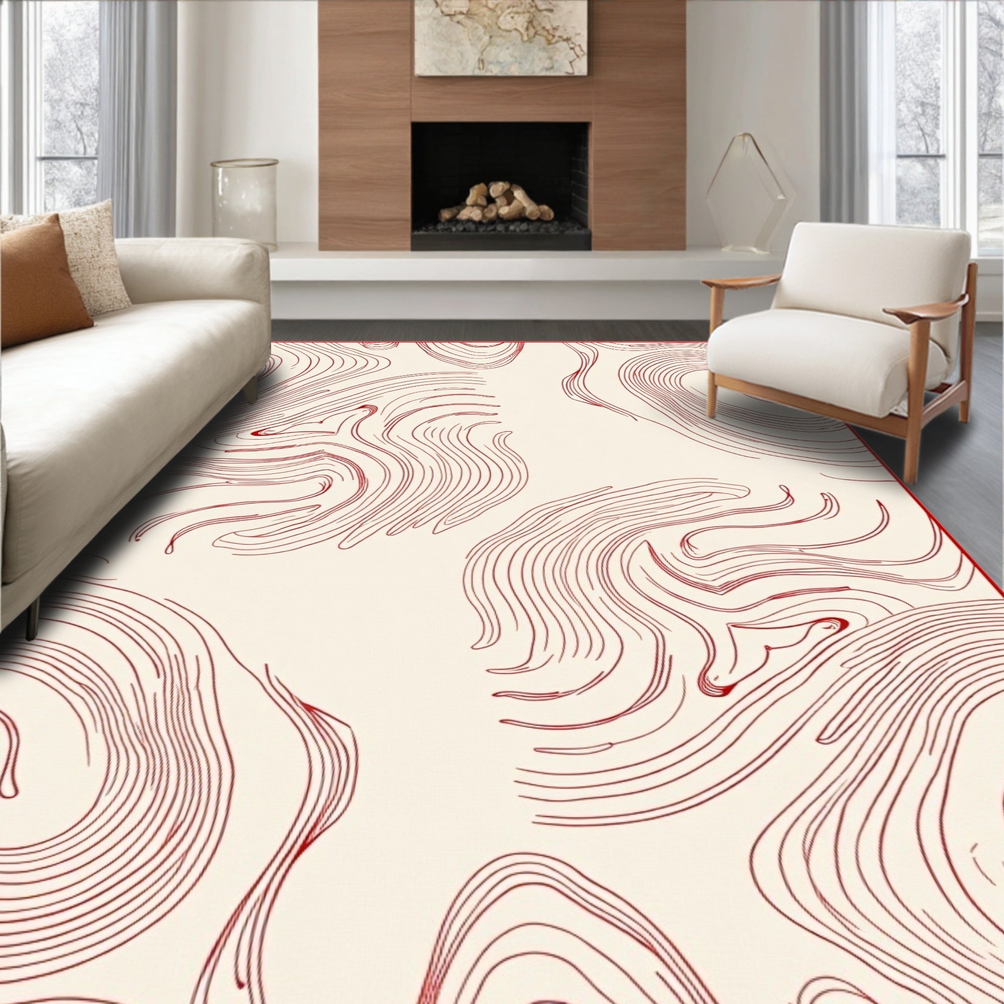 Abstract Red Swirl Contour Pattern Rug