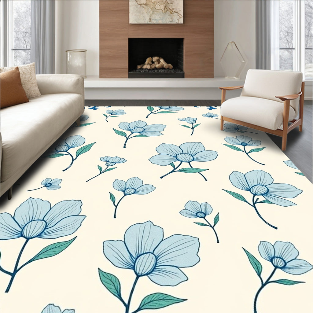 Light Blue Floral Sketch Pattern Rug