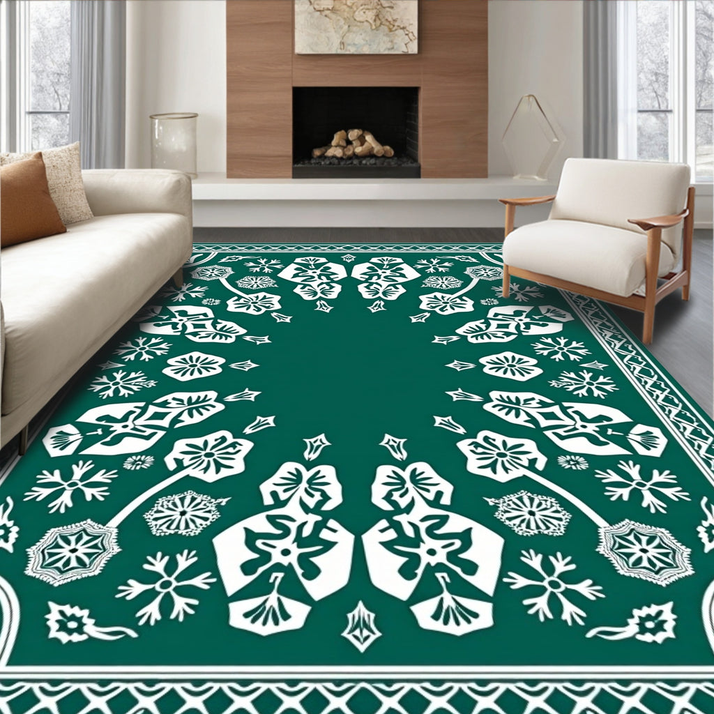 Symmetrical White Floral Pattern Teal Rug
