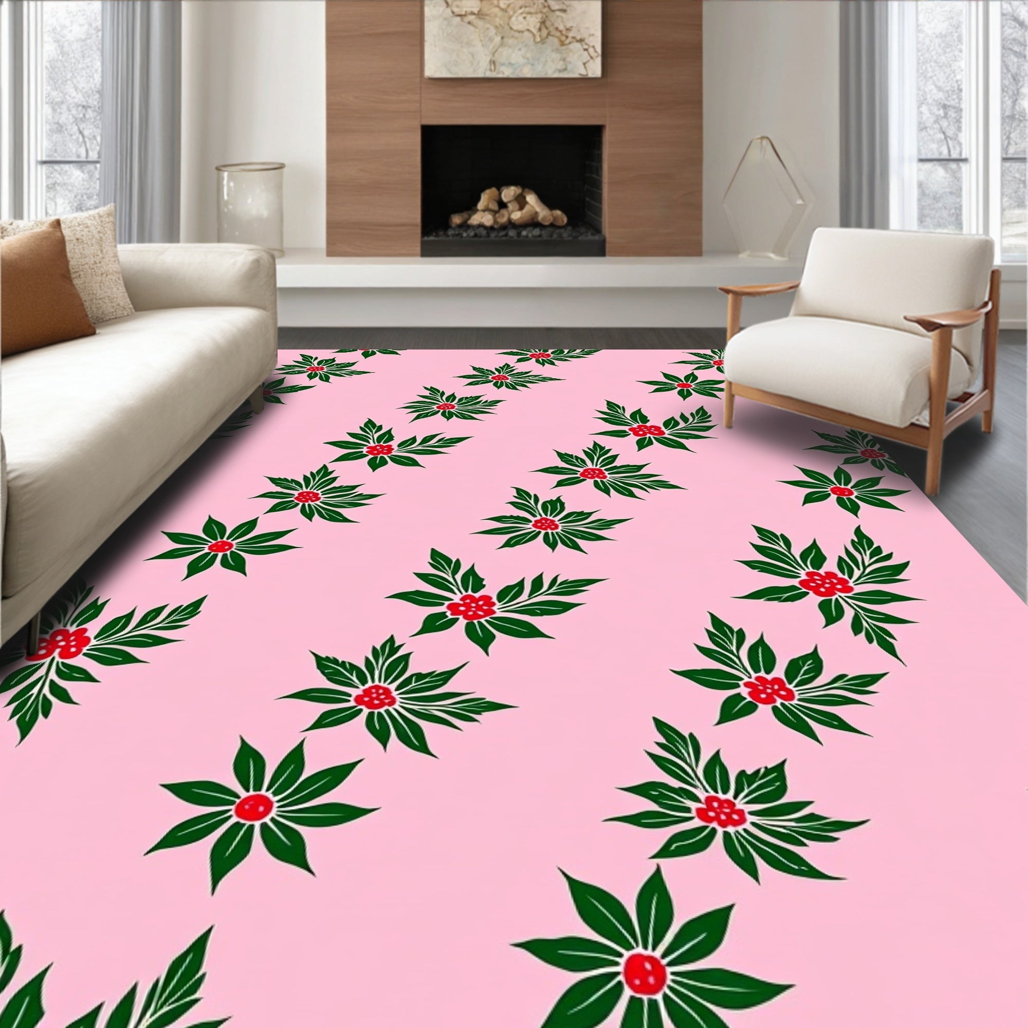 Pink Floral Berries and Leaves Rug