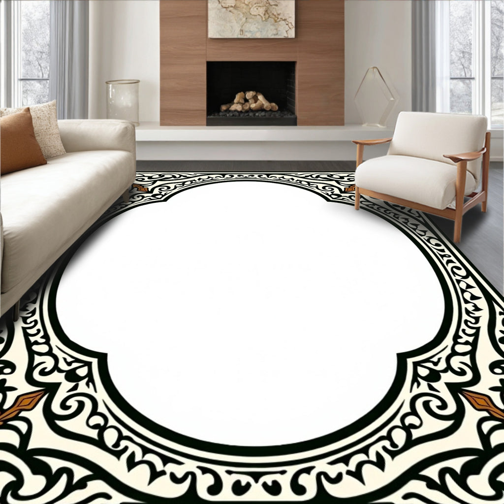 Intricate Scrollwork Beige Black Pattern Rug