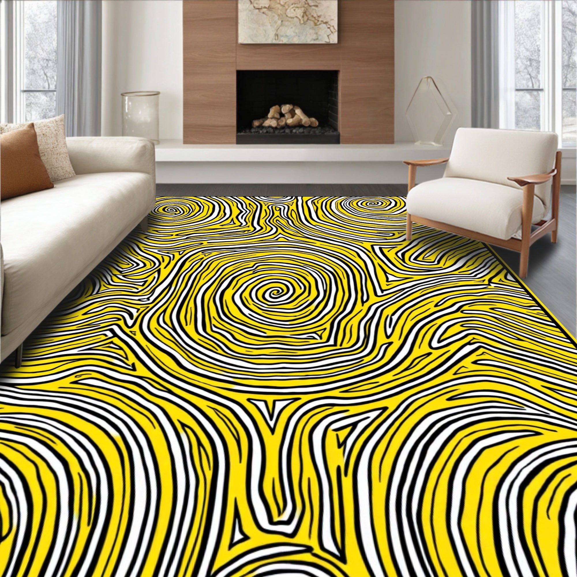 Abstract Yellow White Swirl Pattern Rug
