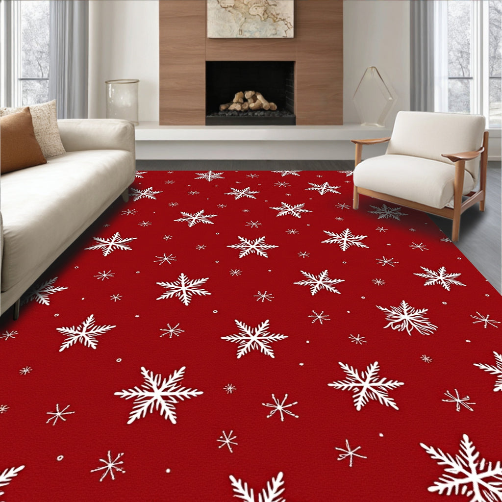 Winter Snowflake Patterned Red Rug