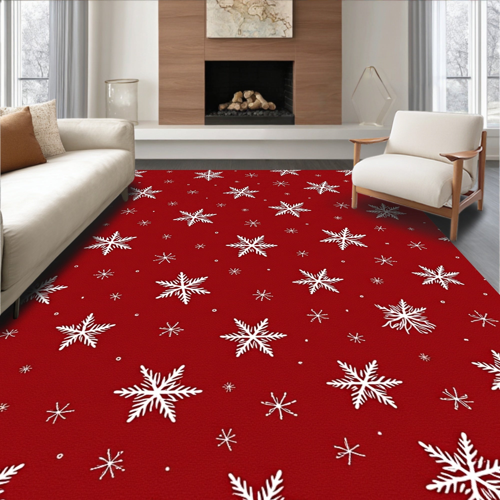 Winter Snowflake Patterned Red Rug