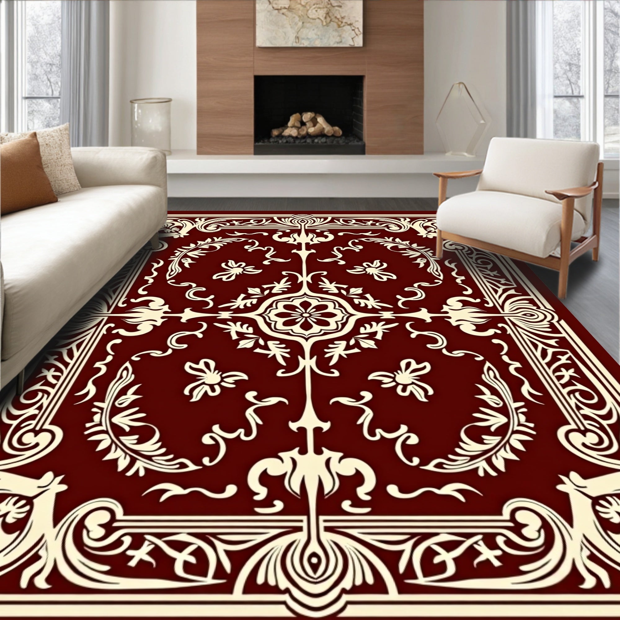 Elegant Cream Floral Scrollwork Ornament Rug