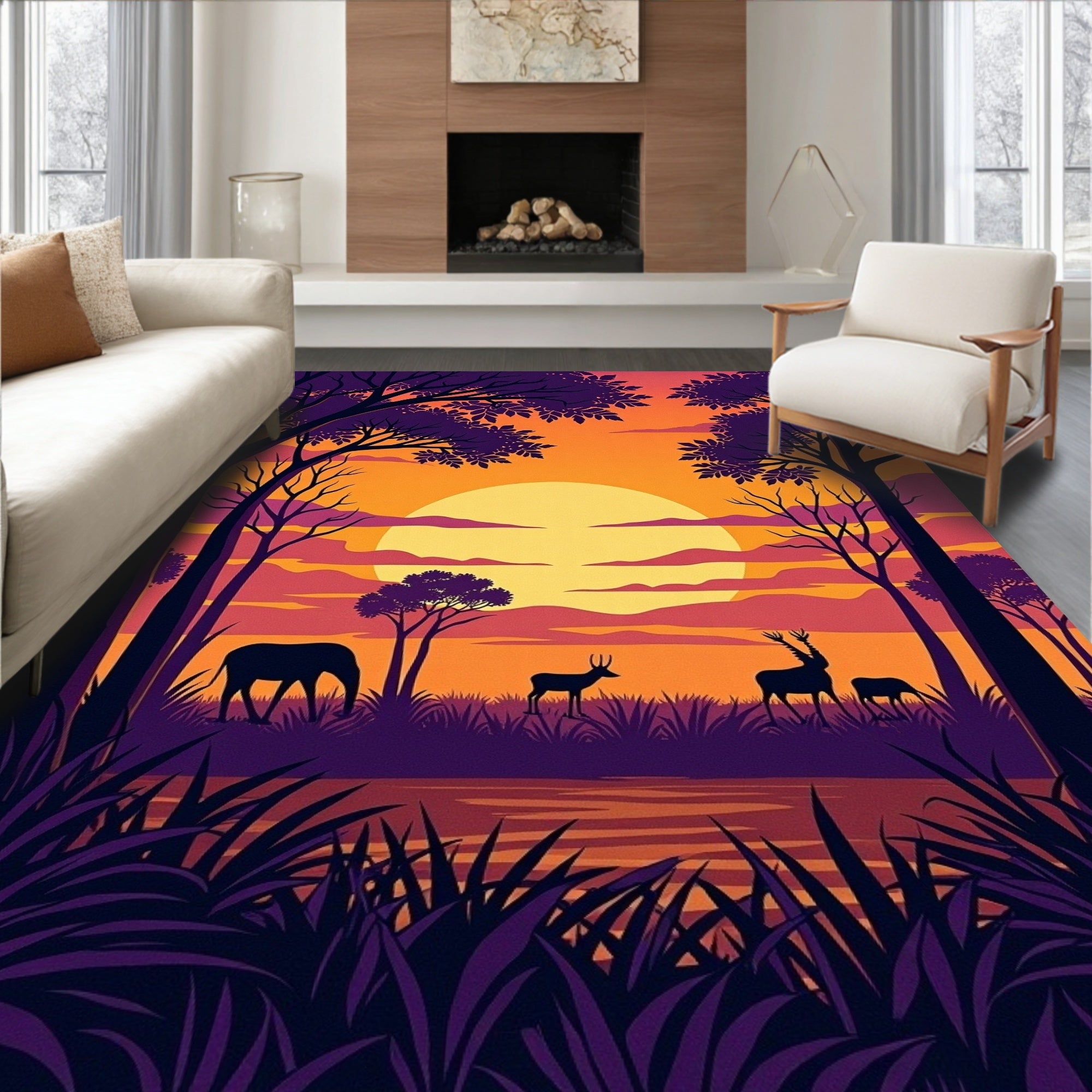 African Sunset Wildlife Scene Rug