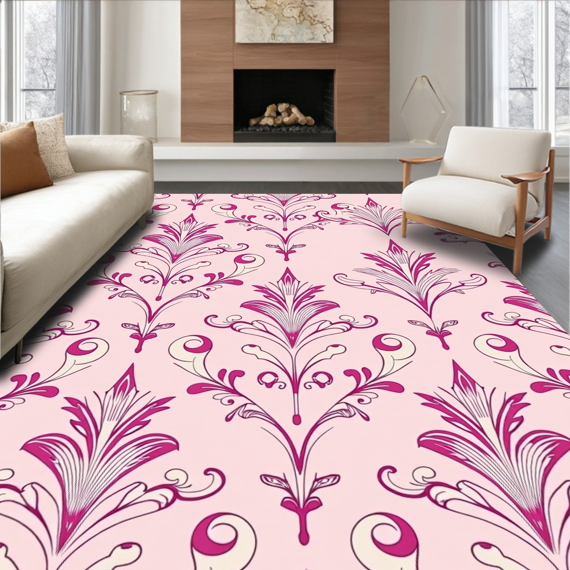 Pink Lilac Damask Ornate Pattern Rug