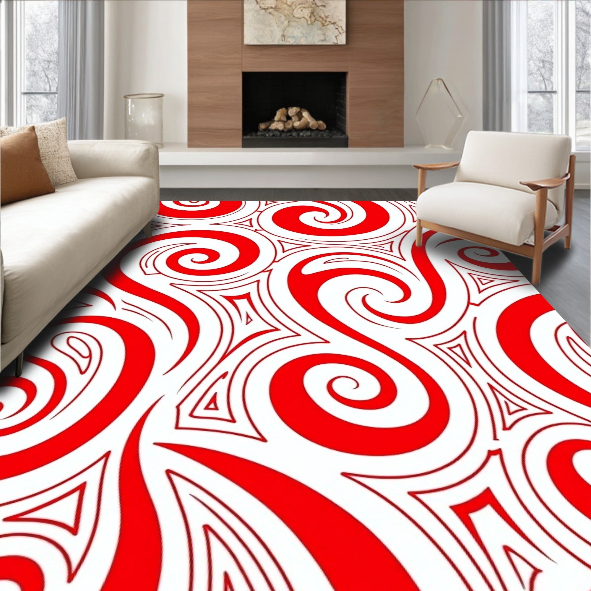 Bold Red Swirl Triangle Pattern Rug