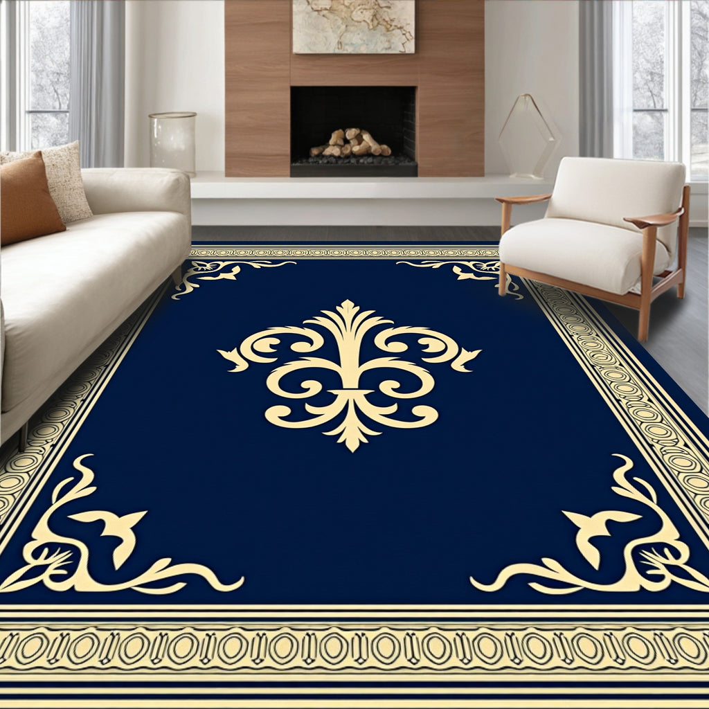 Classic Blue and Gold Fleur-de-lis Pattern Rug