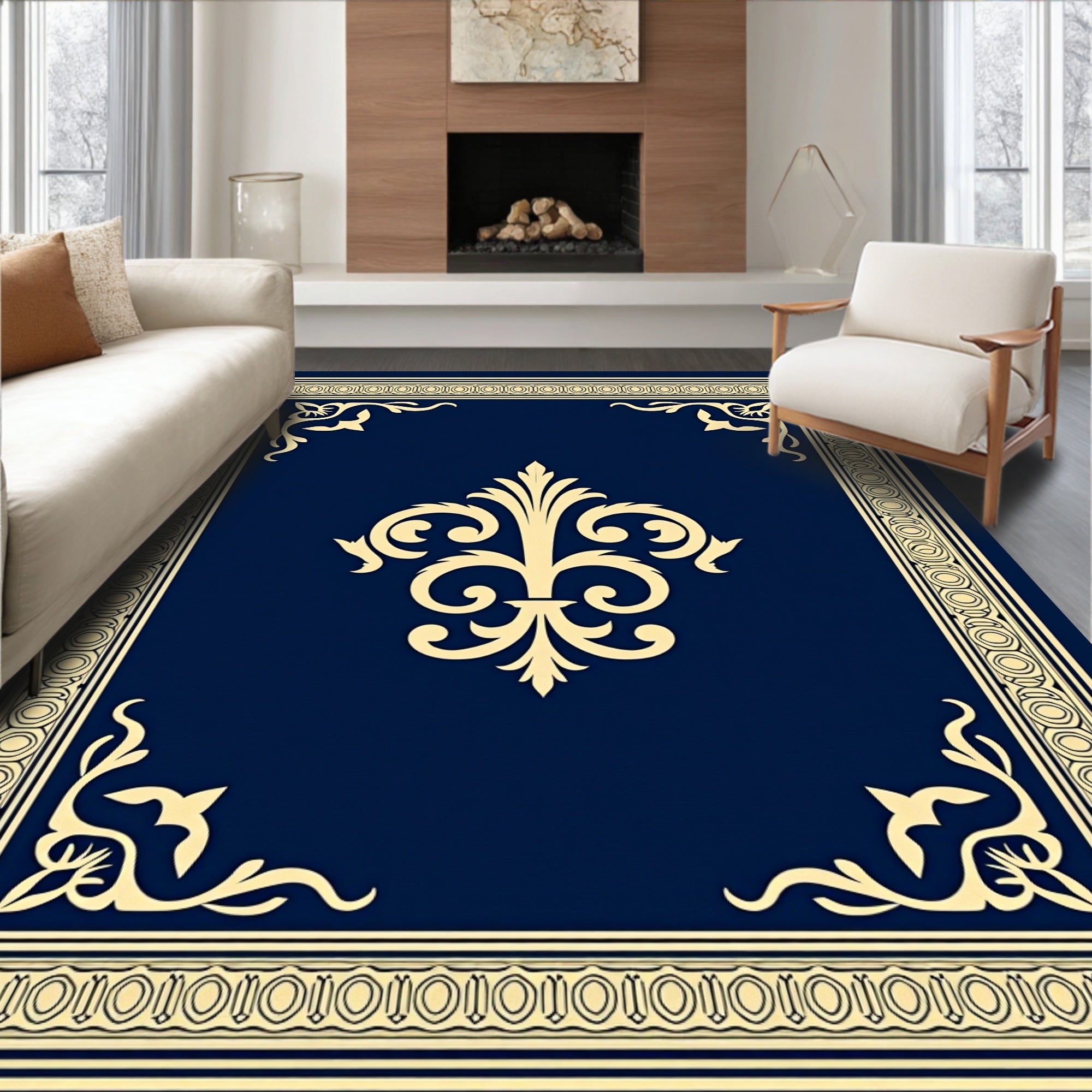 Classic Blue and Gold Fleur-de-lis Pattern Rug