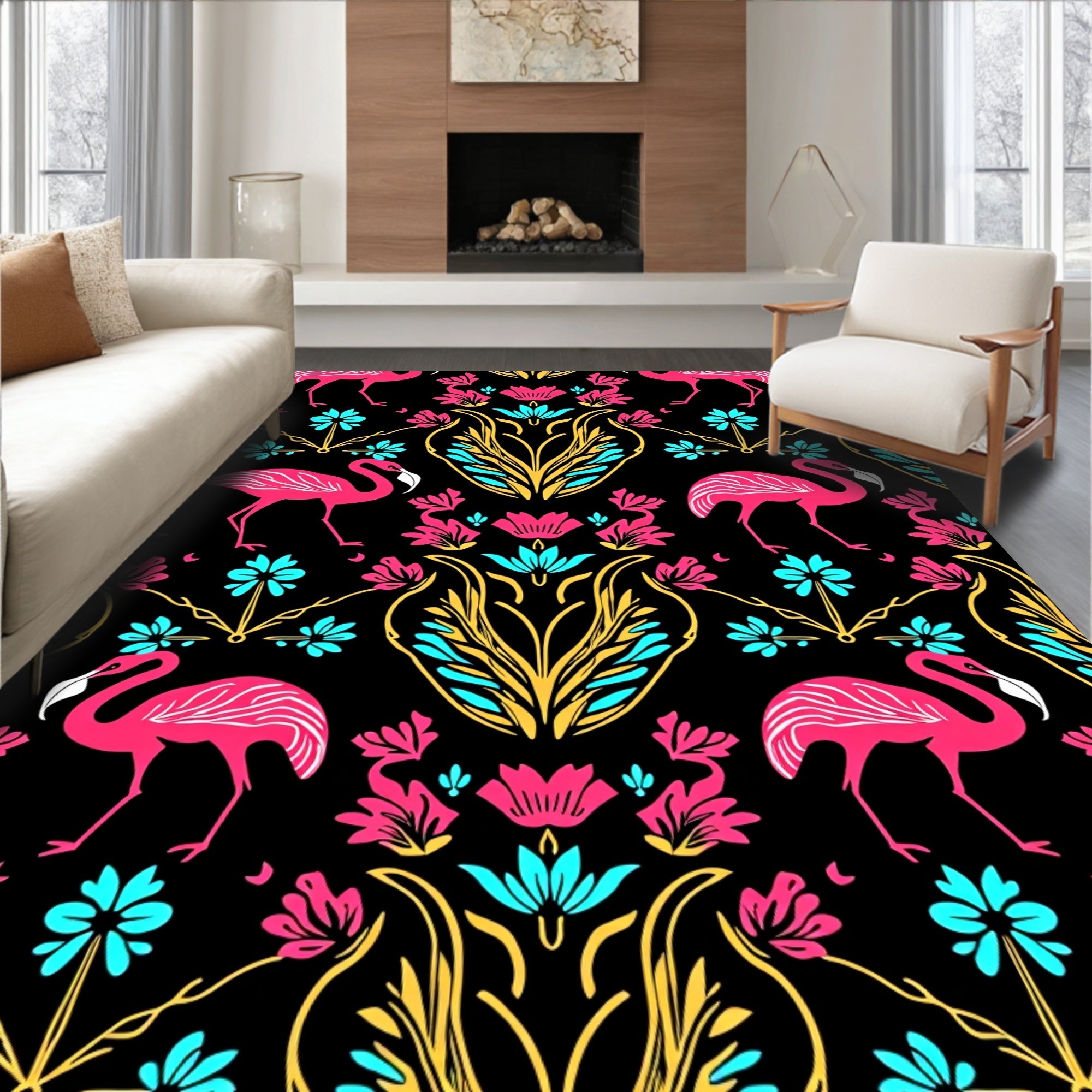 Flamingo Floral Damask Accent Design Rug