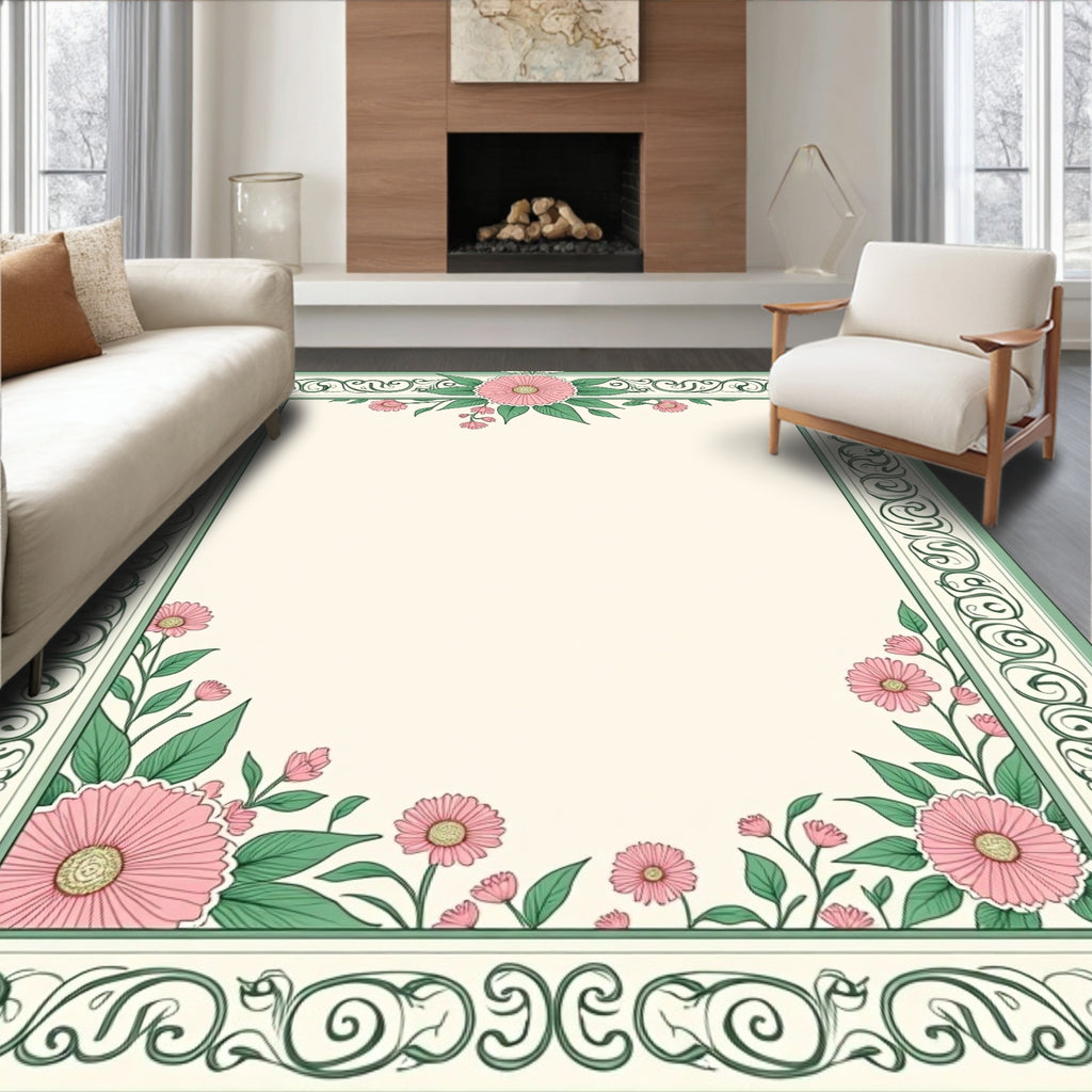 Green Floral Swirl Border Design Rug