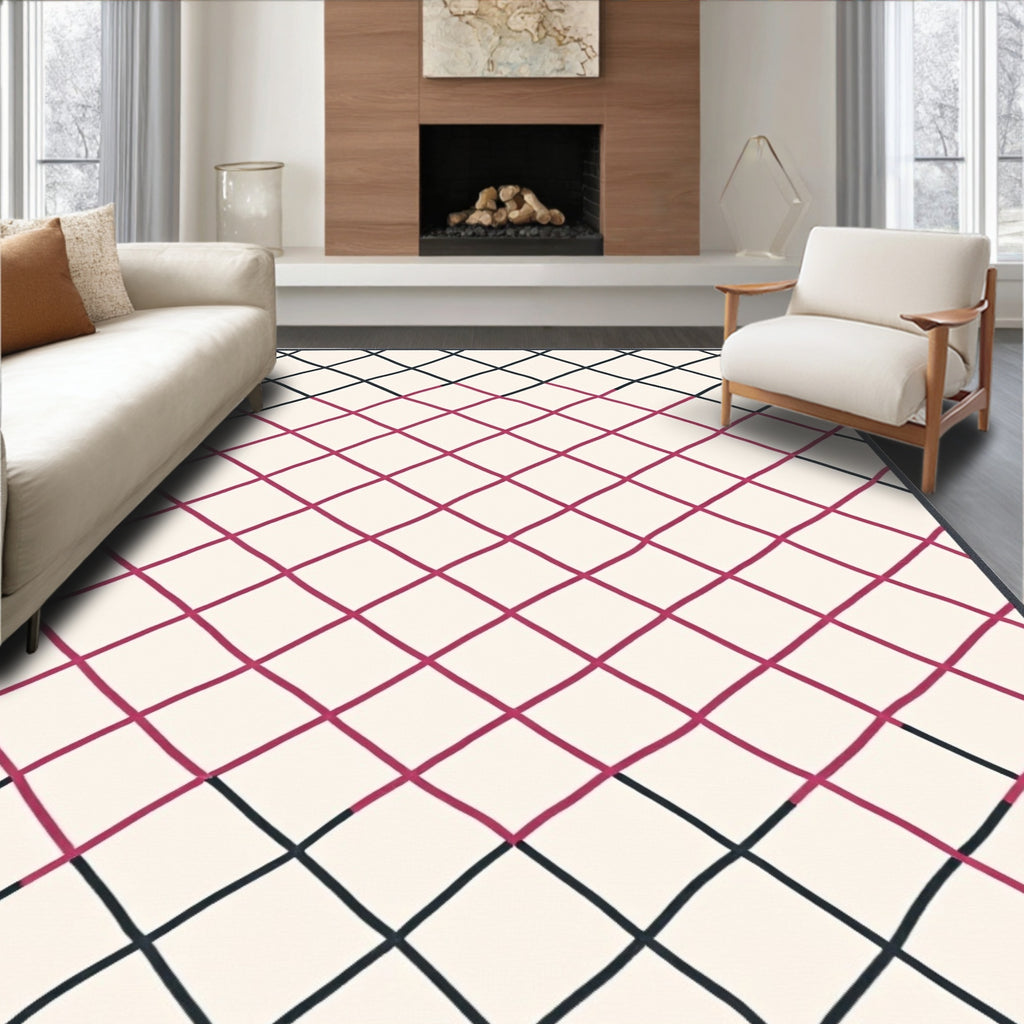 Crimson Lattice Geometric Diamond Rug