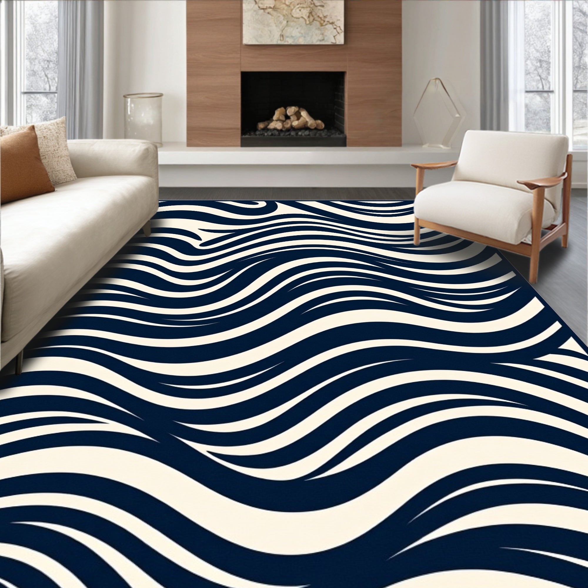 Abstract Navy Cream Wavy Stripes Rug