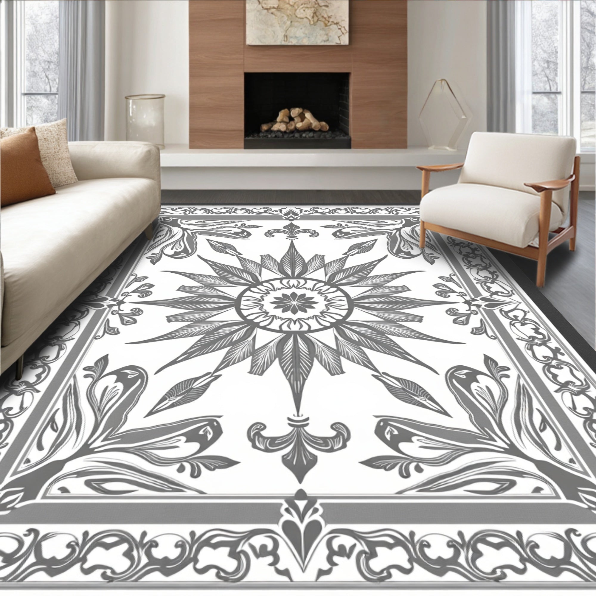 Intricate Floral Sunburst Mandala Design Rug