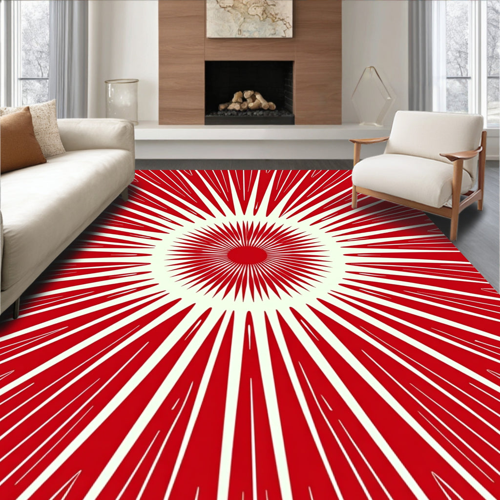 Radiating Sunburst Red Abstract Design Rug