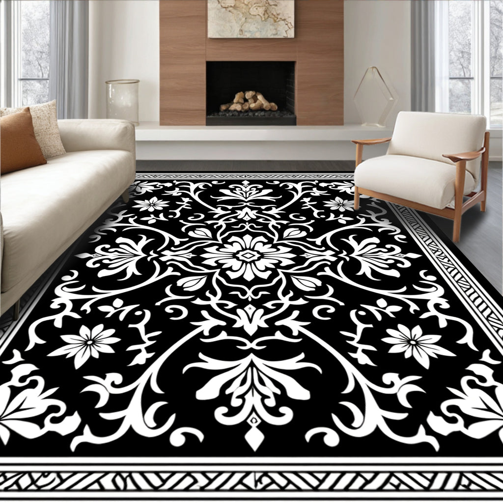 Black White Damask Floral Scroll Pattern Rug
