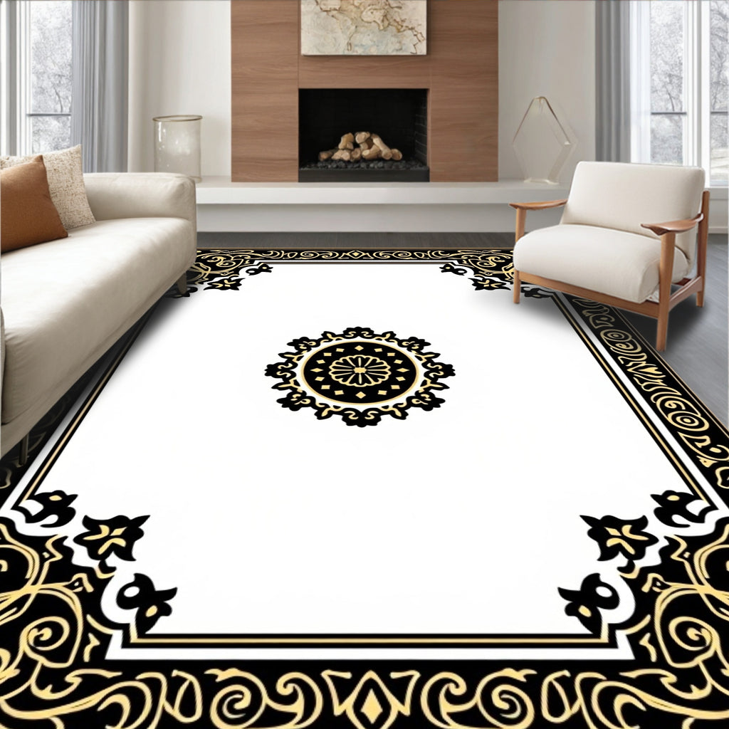 Ornate Black and Gold Floral Border Rug