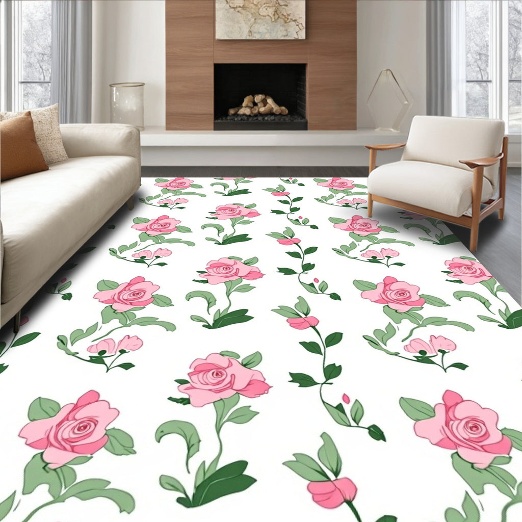 Pink Rose Vine Floral Pattern Rug