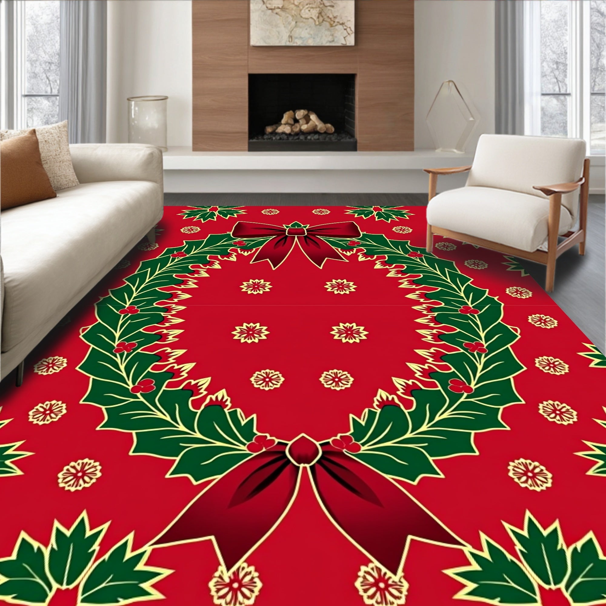 Holly Wreath with 2 Red Bows Rug
