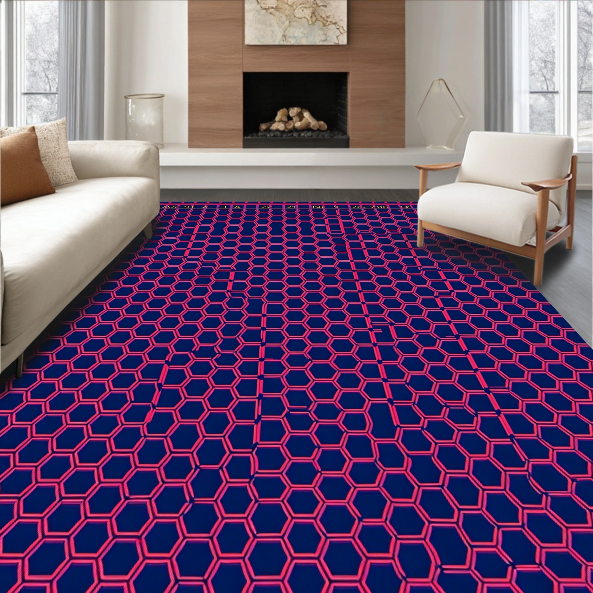 Deep Blue Pink Hexagonal Grid Rug