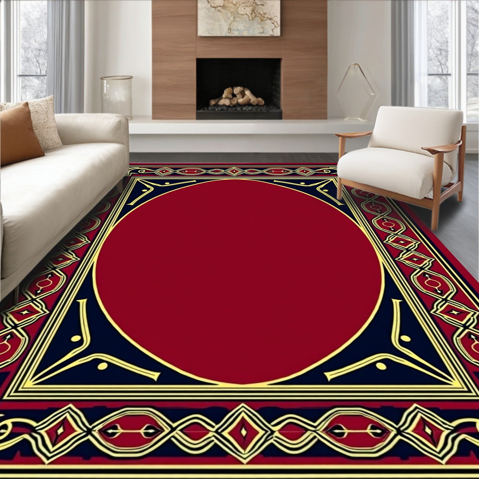 Ornate Red Gold Navy Border Rug
