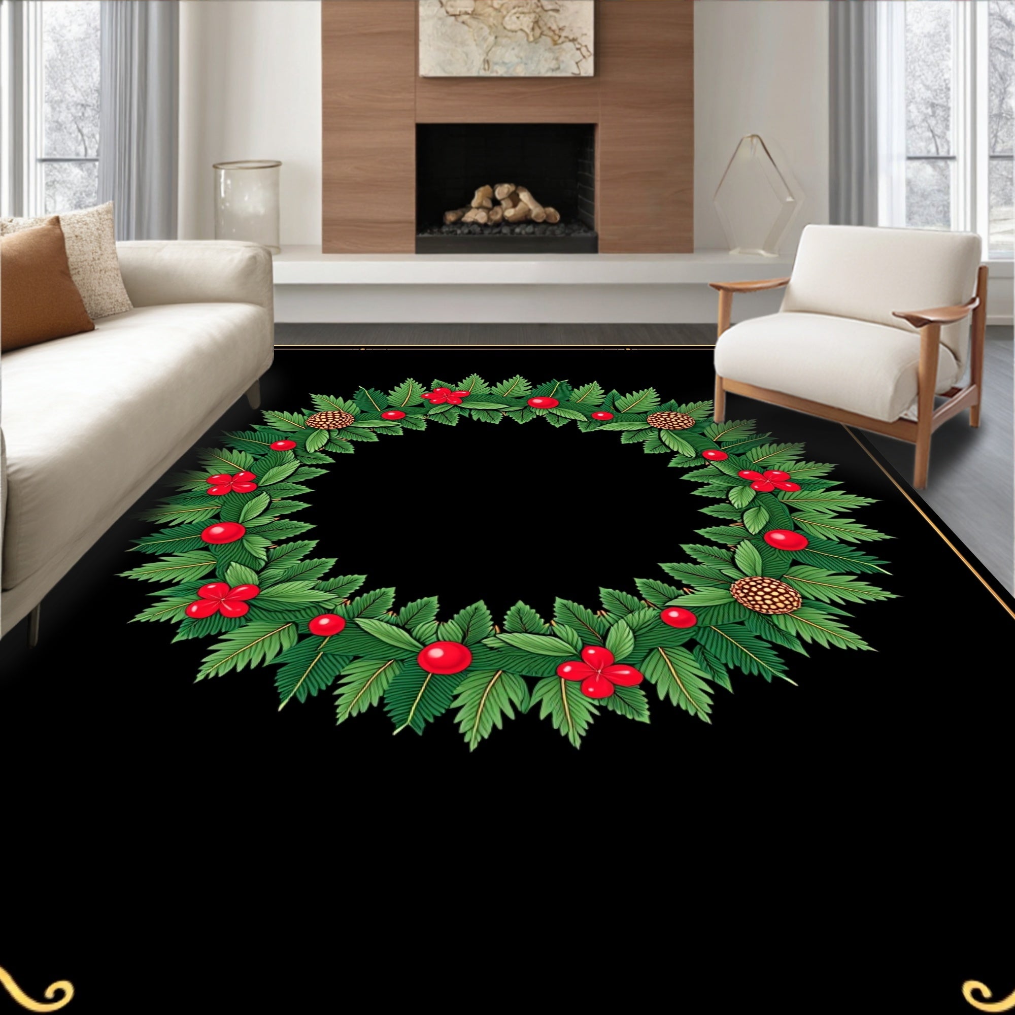 Festive Greenery Red Berry Pinecone Design Rug
