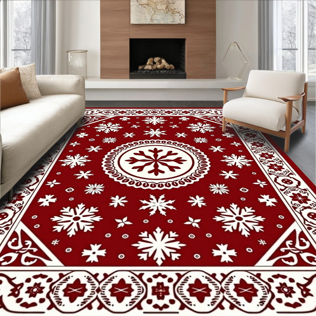 Classic Deep Red Snowflake Pattern Rug