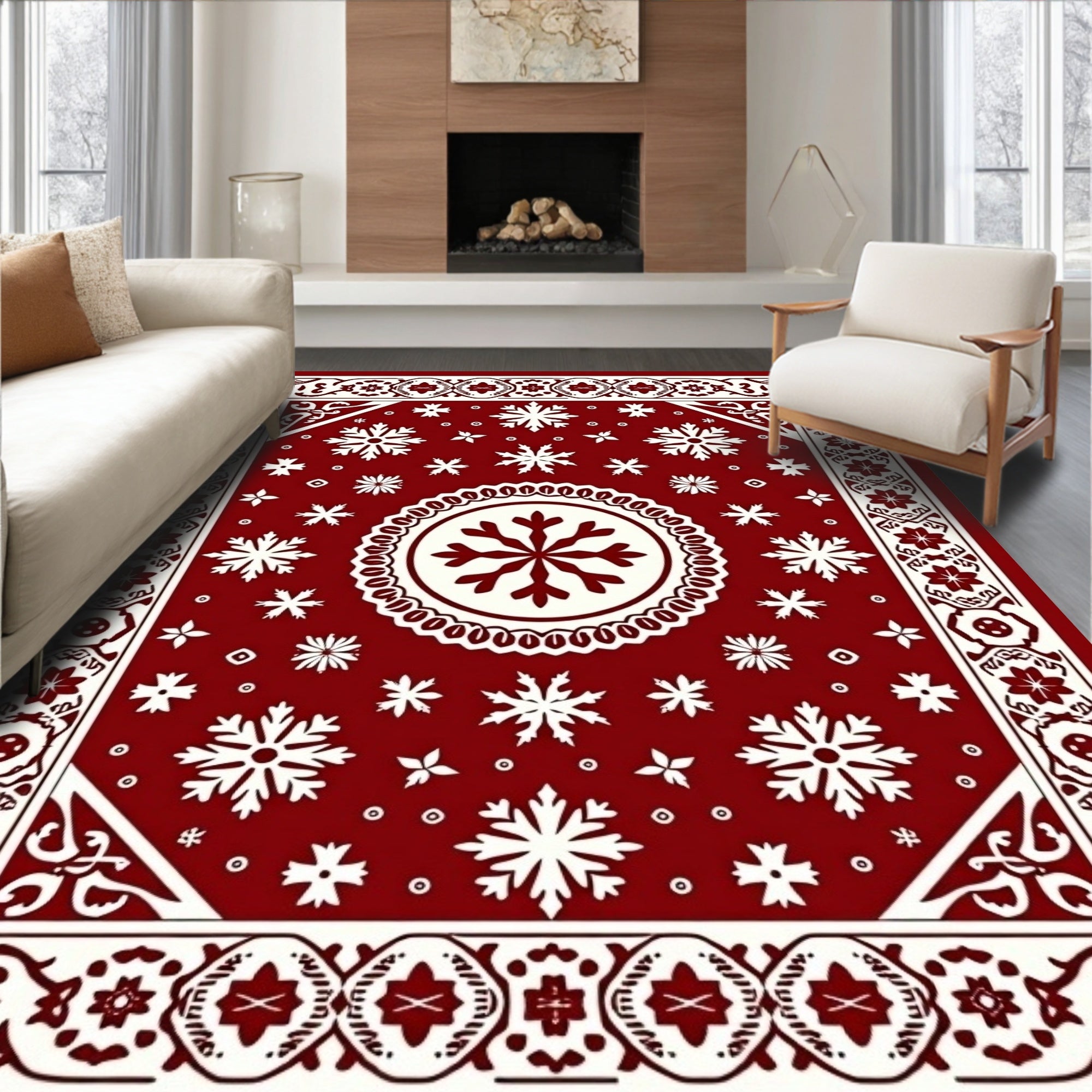 Classic Deep Red Snowflake Pattern Rug
