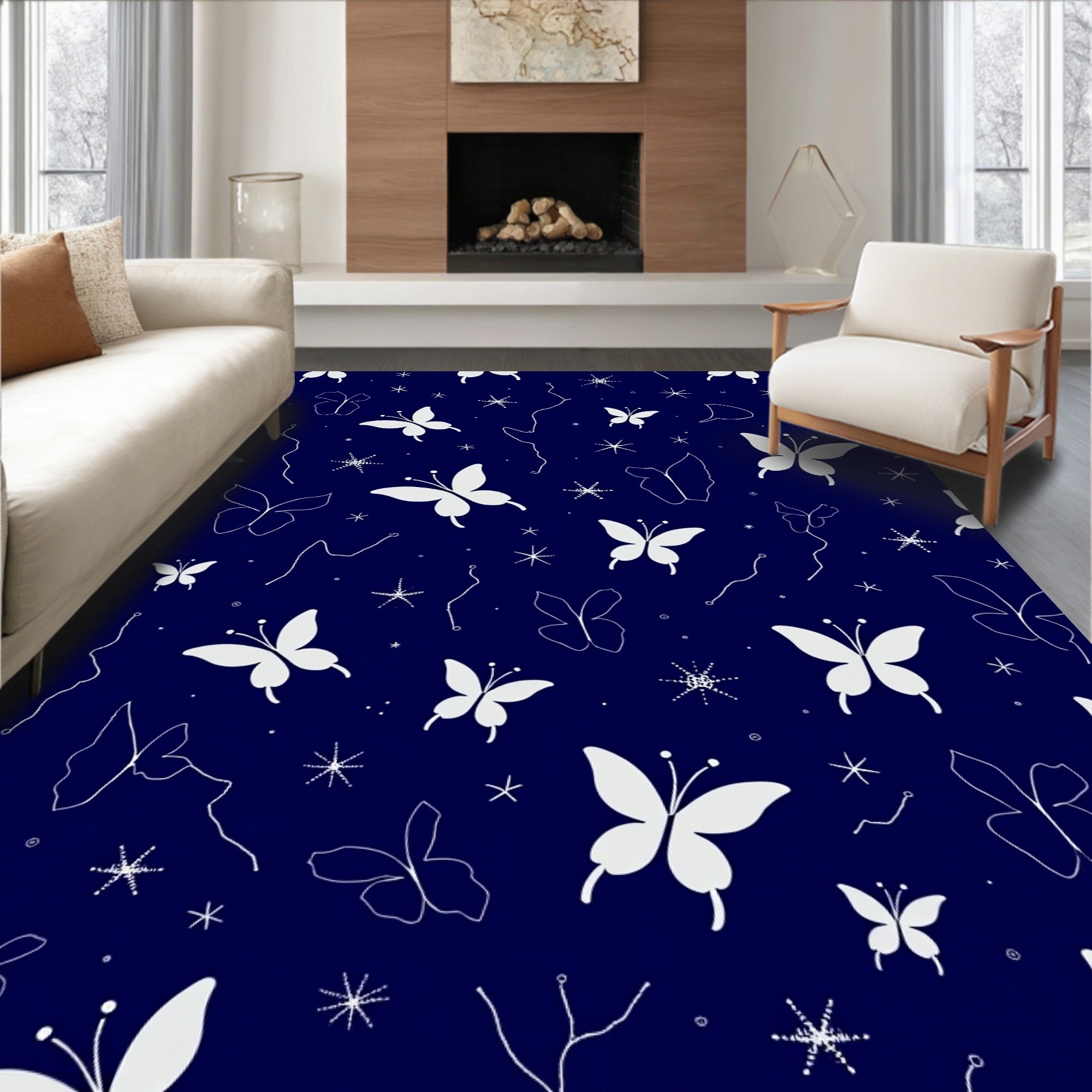 White Butterfly Star Clusters Pattern Rug
