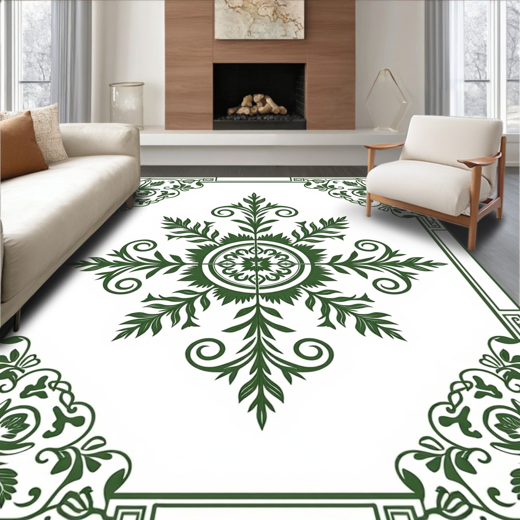 Elegant Green Floral Scroll Pattern Rug
