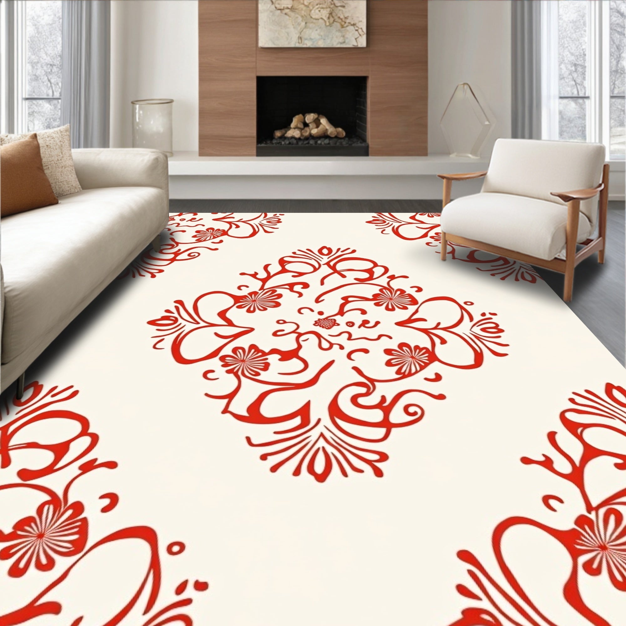 Classic Red Floral Scroll Pattern Rug
