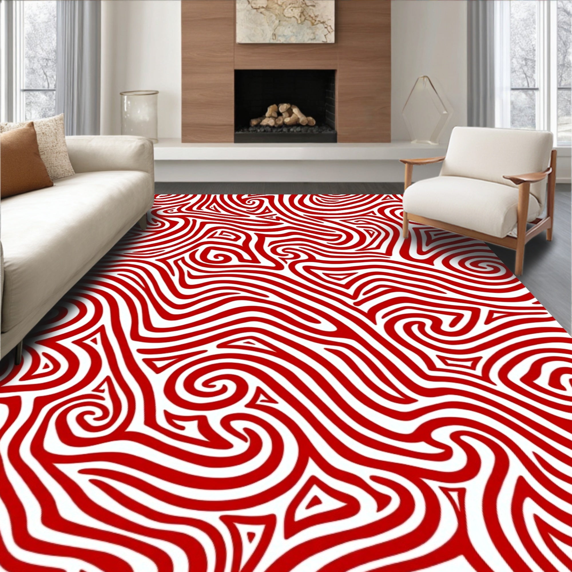 Bold Red White Swirl Pattern Rug