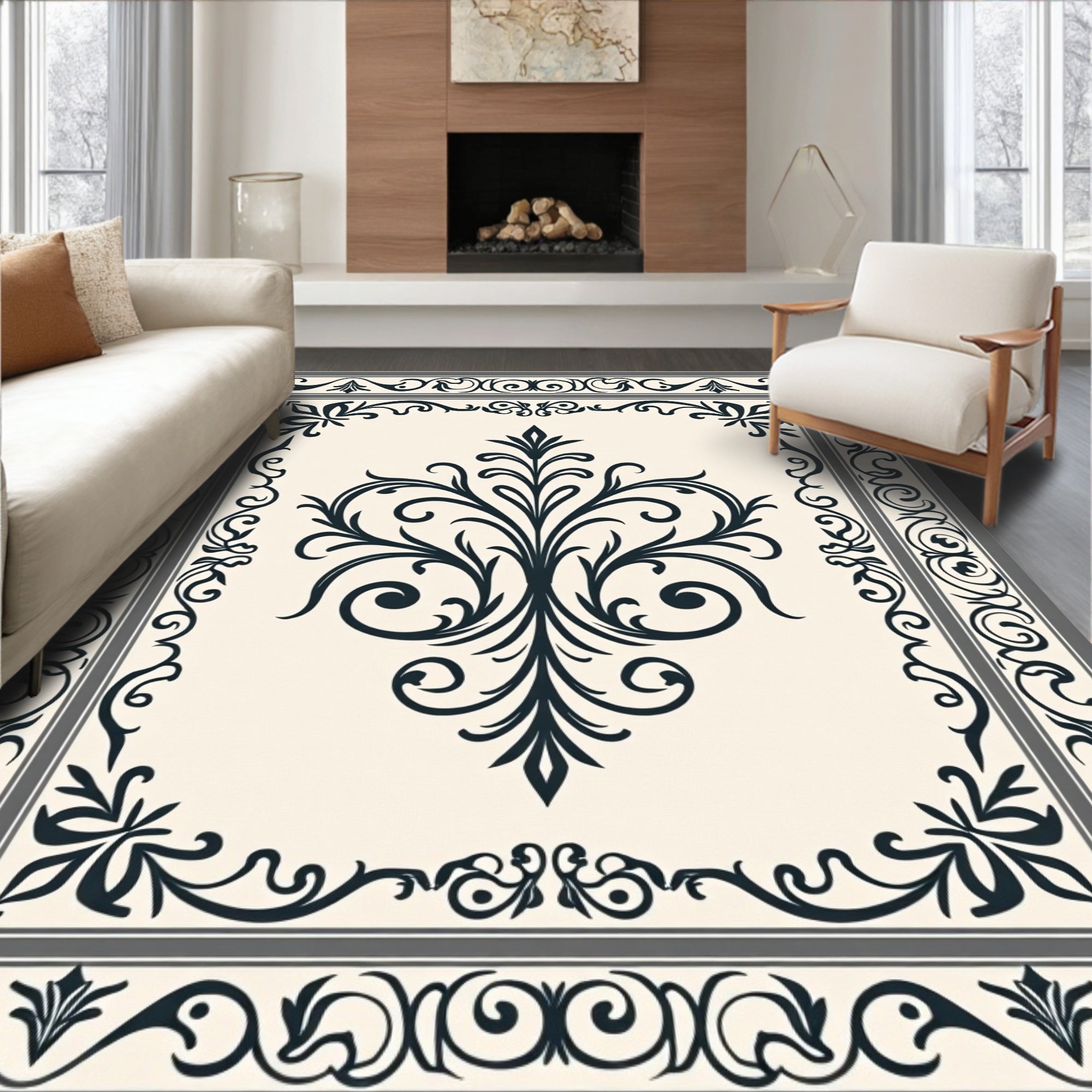 Classic Ornate Floral Damask Design Rug