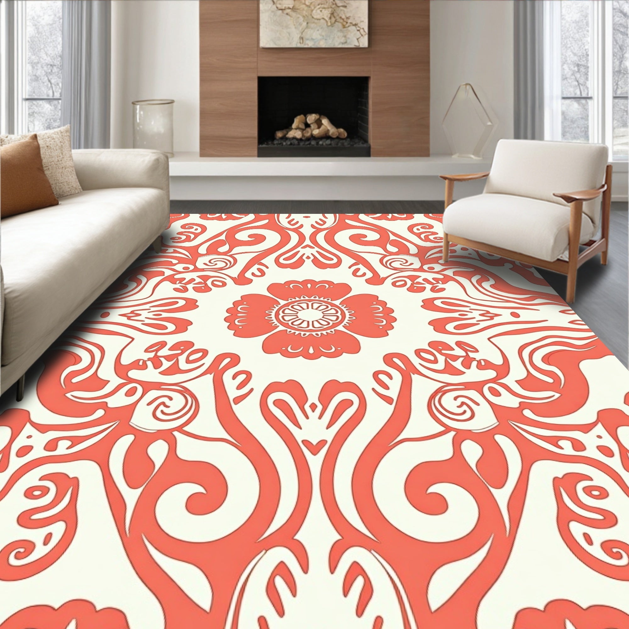 Coral Floral Swirls Pattern Rug