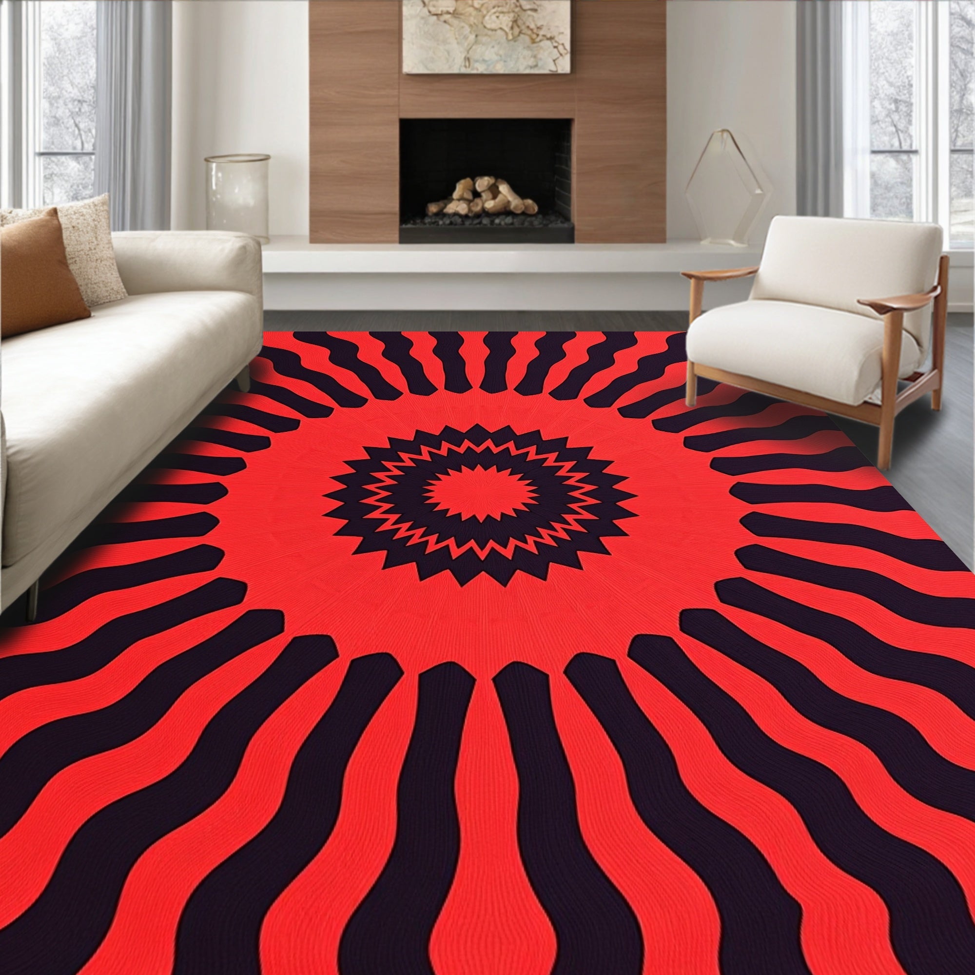 Radial Sunburst Red Black Pattern Rug