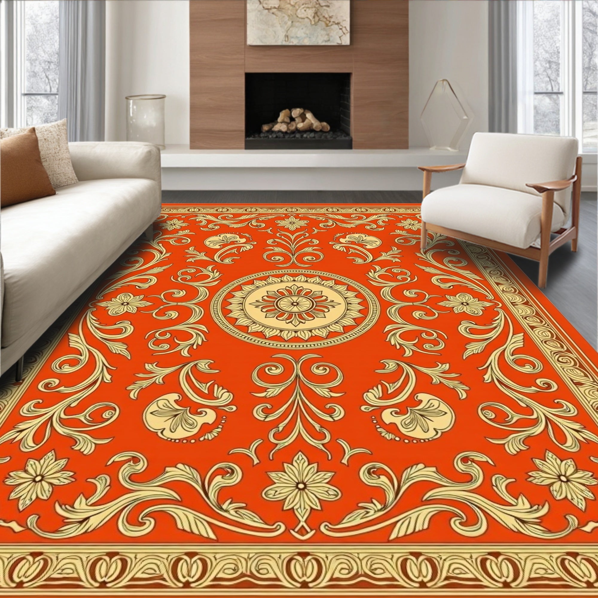 Ornate Floral Scrolling Red Gold Rug