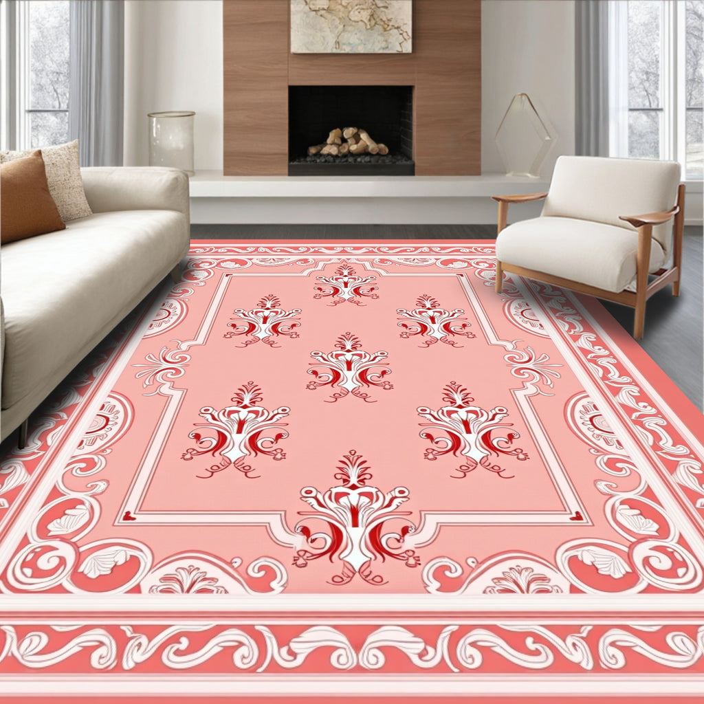Coral Red Ornate Scroll Medallion Rug
