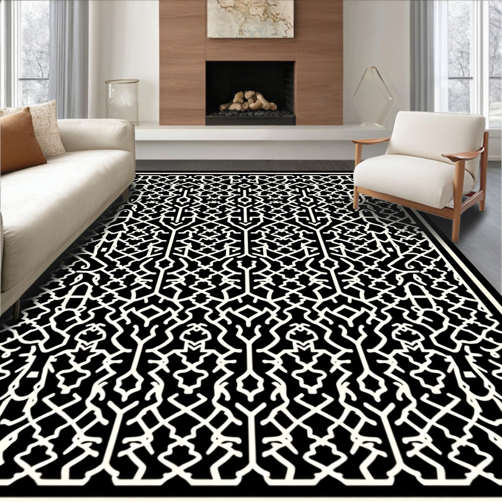 Intricate Black White Geometric Lattice Pattern Rug