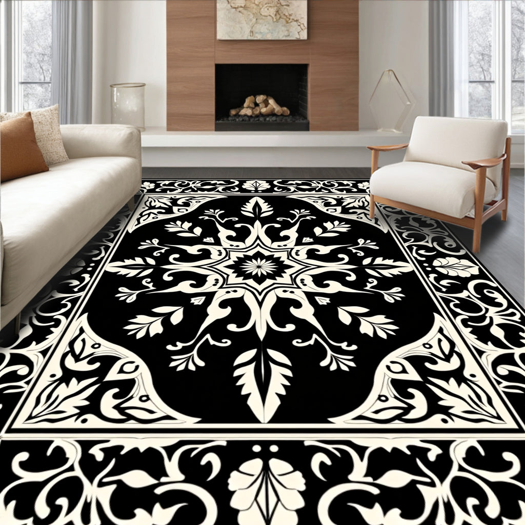 Ornate Black Cream Scroll Pattern Rug