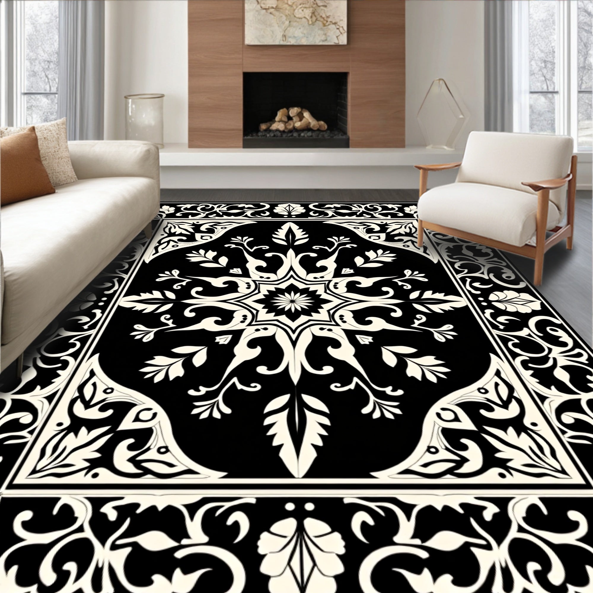 Ornate Black Cream Scroll Pattern Rug